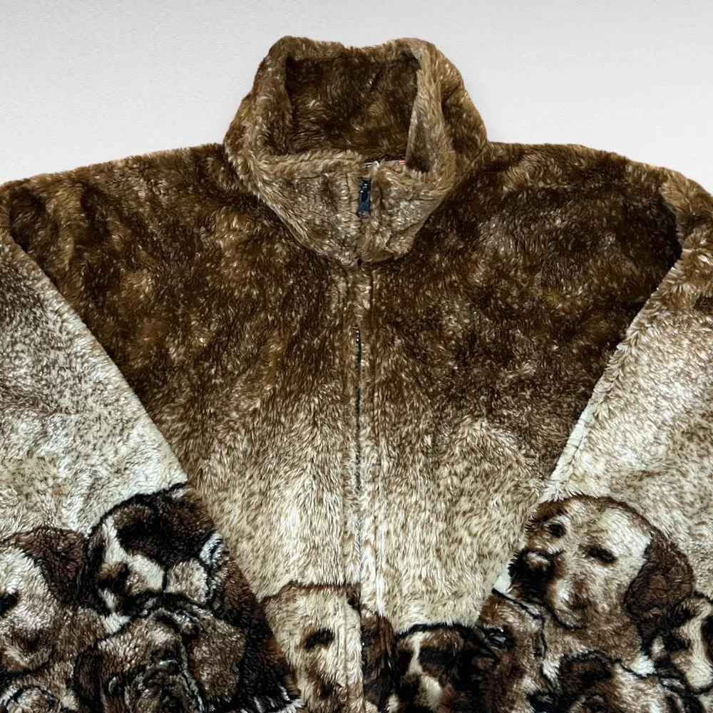 Vtg Cobblestone Canyon Full Zip Fleece Jacket Women Dog All Over Print Large USA - Picture 2 of 5